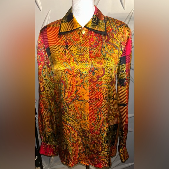 EUC Louis Feraud SZ 4 gold/red/black multicolored silk paisley print blouse - Picture 10 of 12